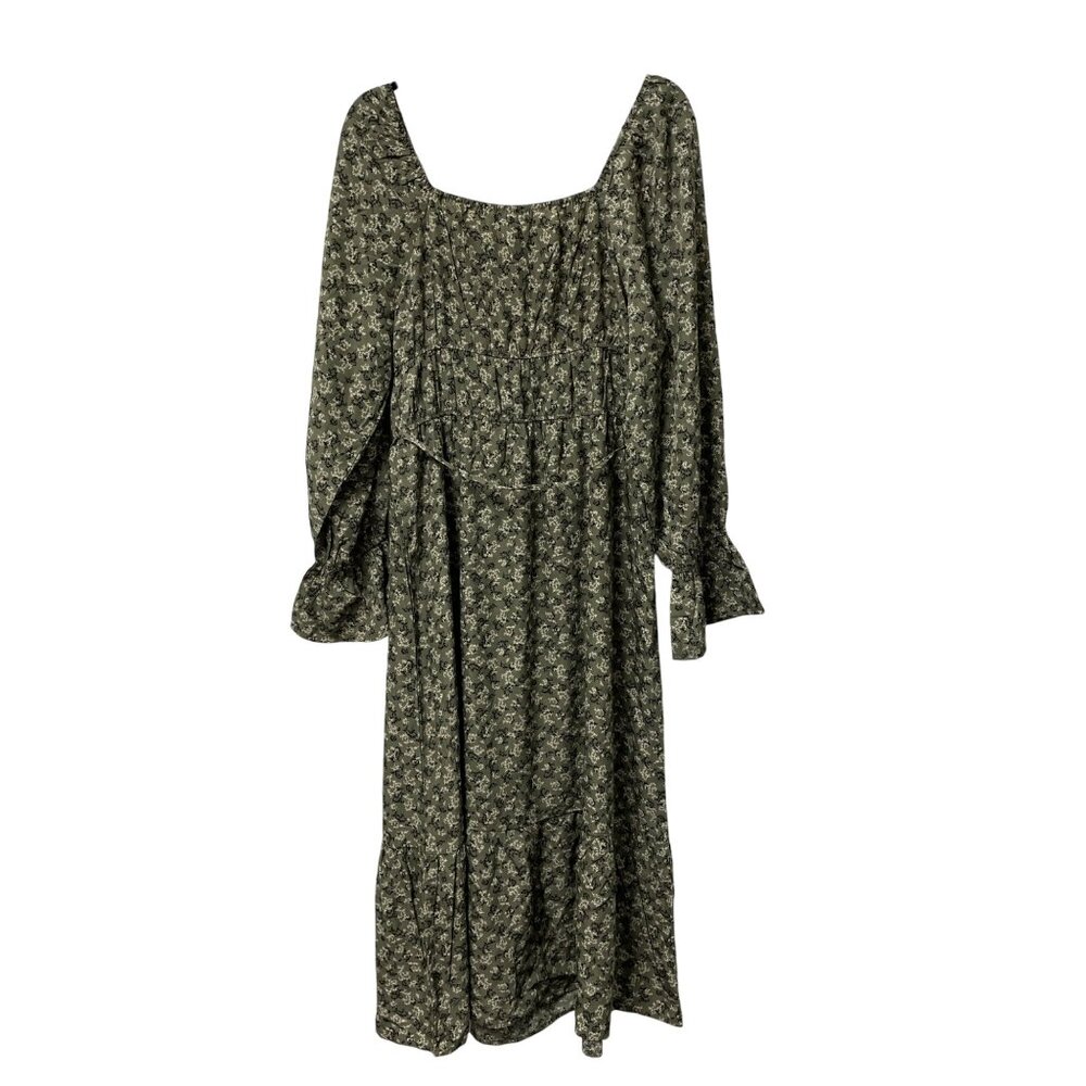 VERY J DRESS FLORAL OLIVE GREEN SQUARE NECK MAXI LINED BOHO PEASANT FEMININE NWT - Picture 2 of 12